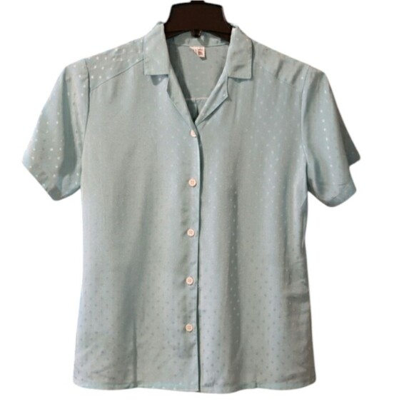 Vintage Teal Blue Polka Dot Vintage Button Up Blouse Large - Picture 1 of 14